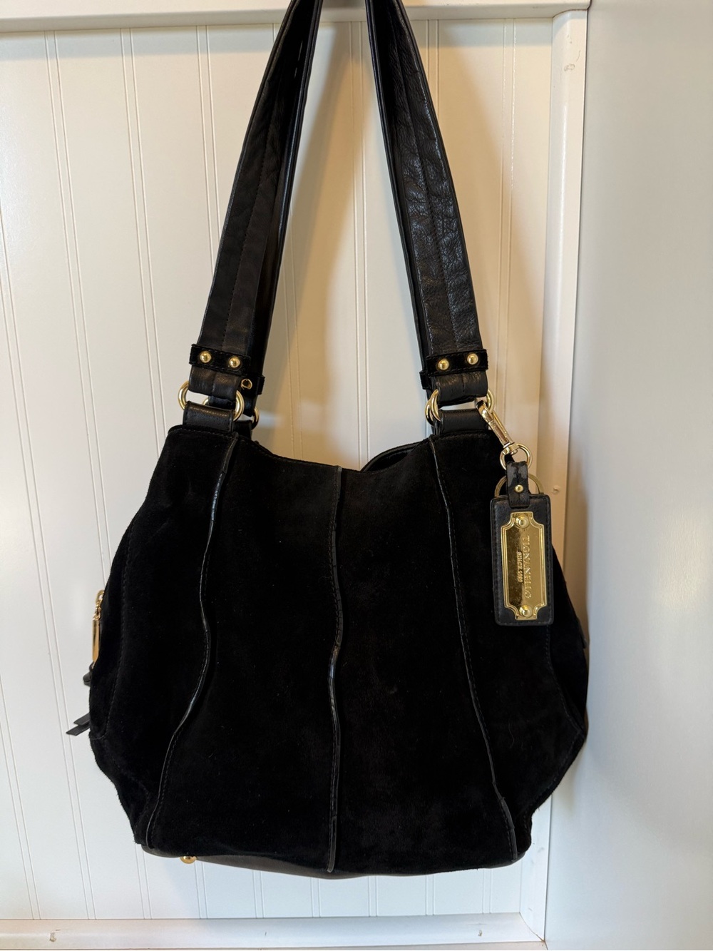 Tignanello Black Suede Shoulder Bag with Gold Hardware-Vintage